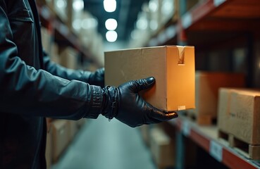 Man in leather gloves holding cardboard box in warehouse at night. Focus on concept of goods security problems. Boxes shelves storage. Crime and theft in distribution center.