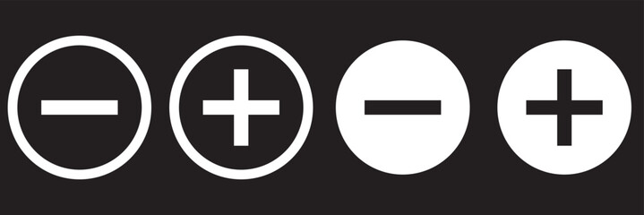 Set of flat square check mark, X mark, plus sign and minus sign icons, buttons isolated on a white background.