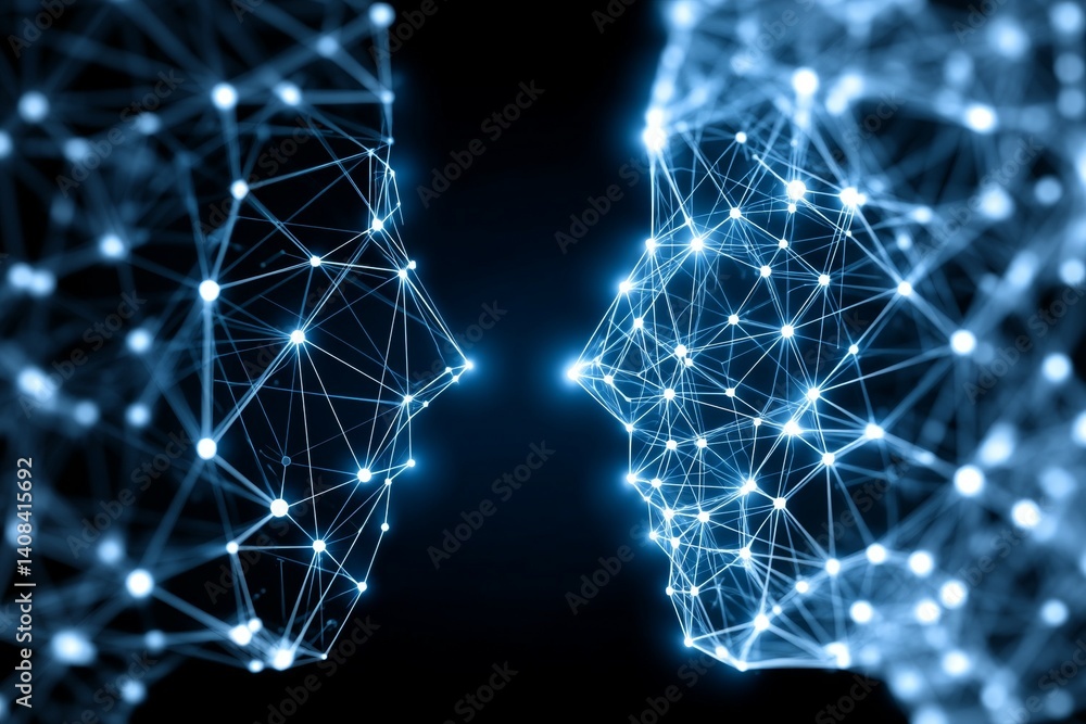 Poster digital connectivity abstract representation of human faces through network of glowing nodes