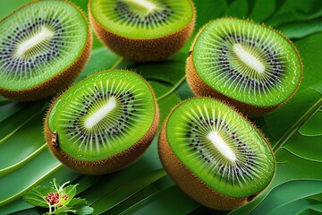 Exquisite Kiwi Halves on Lively Green Backgrounds Highlighting Their Refreshing Tropical Allure and Unique Vibrancy