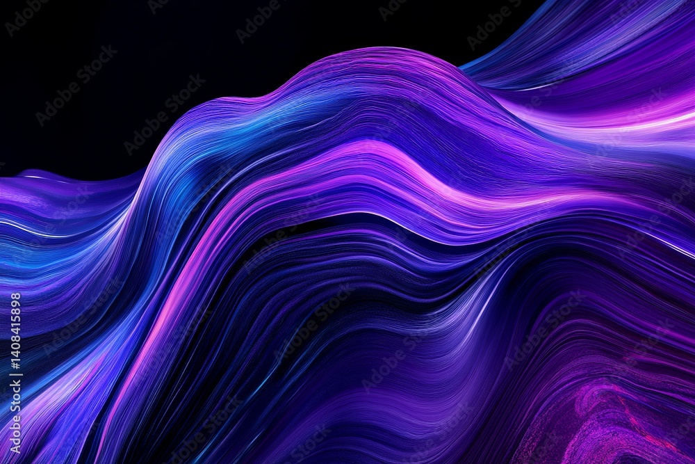 Poster abstract flowing waves of purple and blue hues against a dark background create a dynamic design