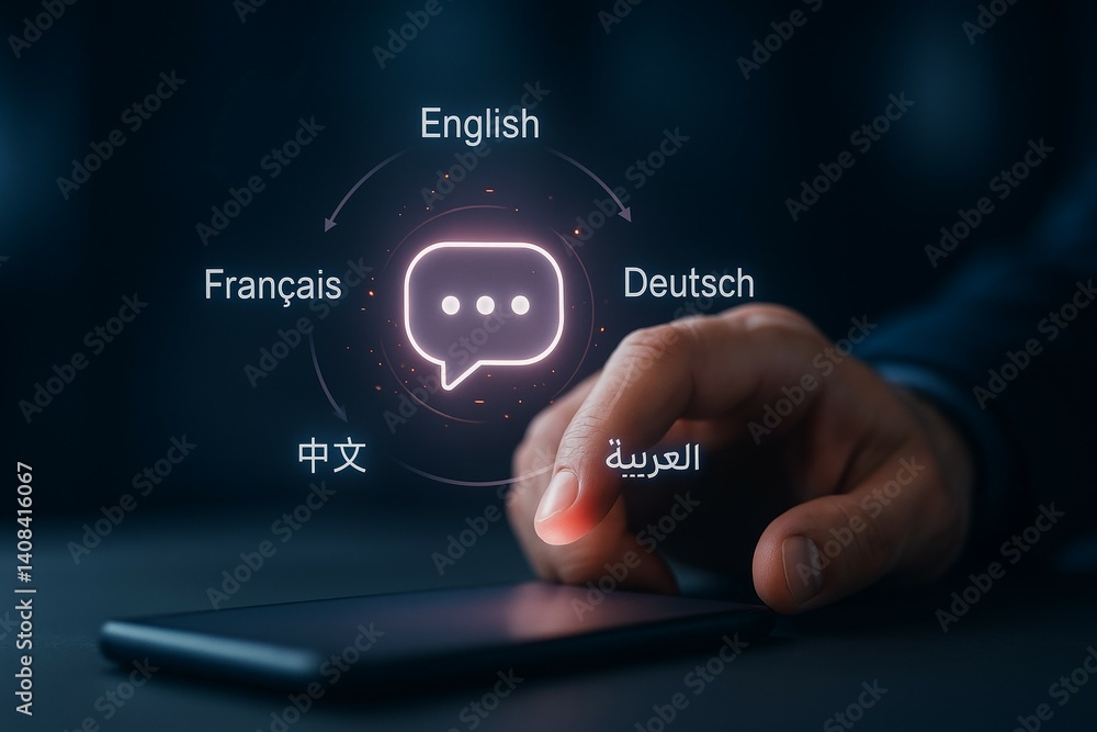 Poster multilingual communication concept with smartphone and language icons
