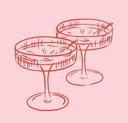 Martini cocktail glass cheers illustration. Whimsical wedding celebration icon.