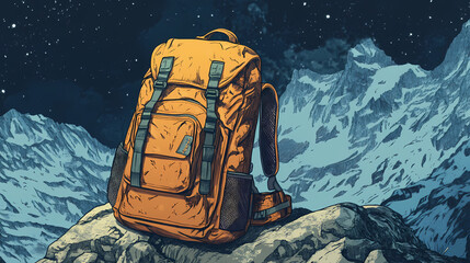 Illustration of a close-up of a well-worn backpack leaning against a rock, with a winding mountain trail visible in the background. spirit of adventure. Timewoven Strands. Illustration