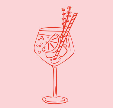 Aperol cocktail glass illustration. Whimsical menu hand drawn drink.