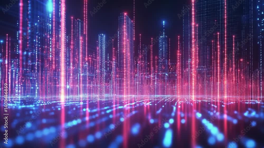 Poster futuristic cityscape with glowing data streams and abstract architecture in a digital render