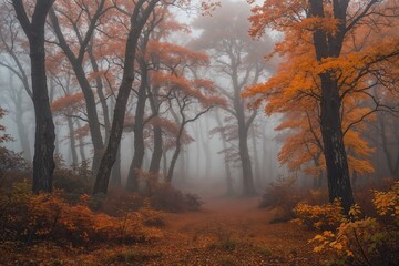 Fototapeta premium Idyllic Landscape of a Foggy Thicket with Leafy Giants in Autumn