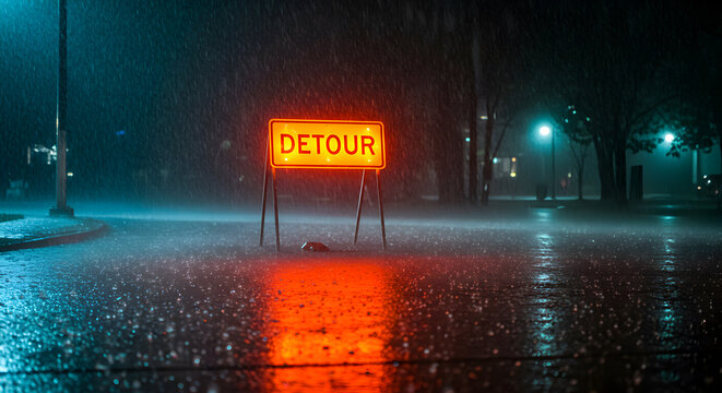 Detour Sign Under Heavy Rain At Night In Urban Setting