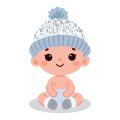 Cute baby sitting in diaper, hat and socks isolated on white background. Perfect vector illustration for Children's Day, parenting materials and baby-related designs.