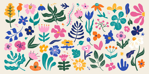Set of abstract botanical organic elements in doodle style. Funky colorful flat flowers and leaves for patterns, posters, cards, fabric and digital design projects.