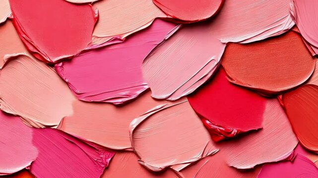 Different shades of lipstick are smeared on a surface, creating a vibrant and textured pattern, showcasing a variety of pink, red, and coral hues