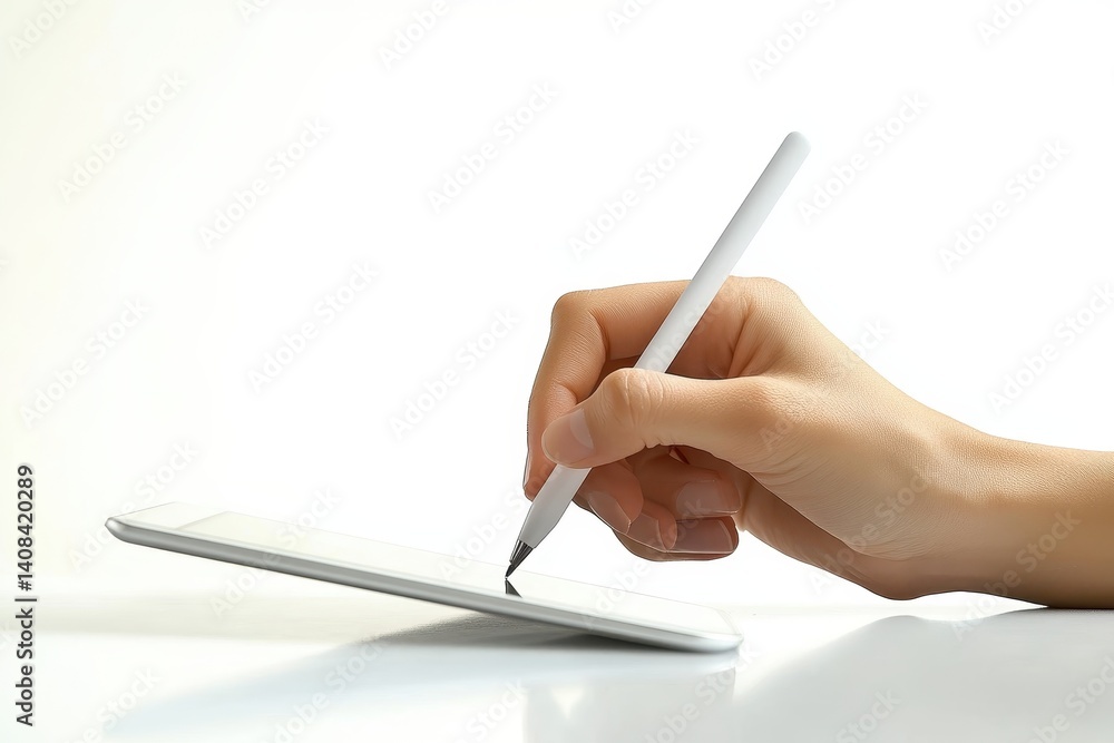 Poster hands holding a tablet with sketches of light bulbs representing creativity and ideas in a modern wo