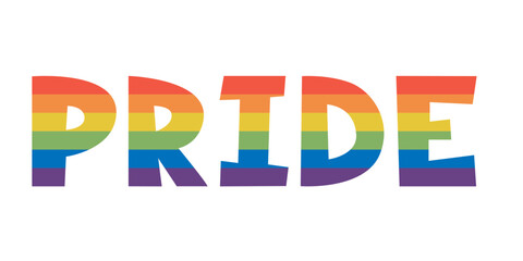 Bold PRIDE text with rainbow stripes in flat style isolated on white. Colorful LGBTQ vector design for posters, banners, T-shirts, stickers, social media graphics, Pride Month events