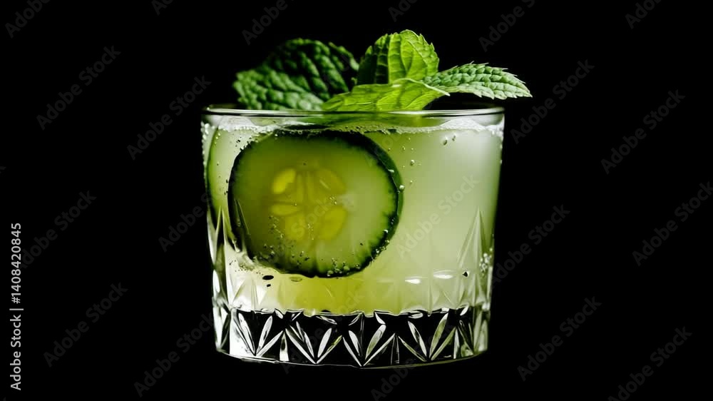 Poster a glass of cucumber juice with cucumber slices on top. the glass is half full and the cucumber slice