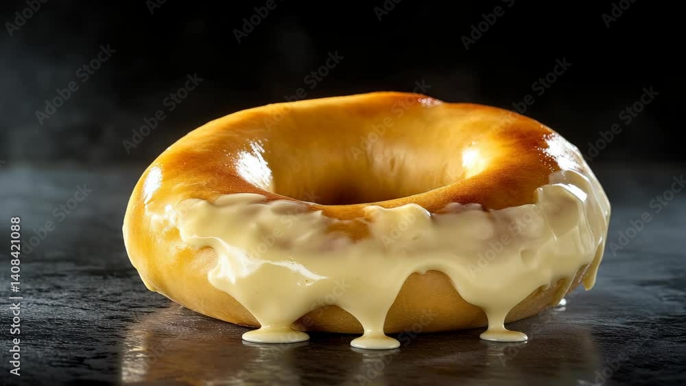 Aufkleber a donut with a white glaze sits on a countertop. the glaze is dripping down the side of the donut, c