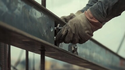 Ironworker tightening bolts on a steel frame at a building site. Featuring focus and precision