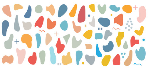 irregular random shapes. Abstract blotch, inkblot and pebble silhouettes,  Liquid shape elements. Fluid dynamical colored forms banner