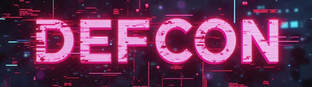 Vibrant graphic representing the defcon hacker conference, showcasing modern digital aesthetics with neon colors and cyberpunk elements.