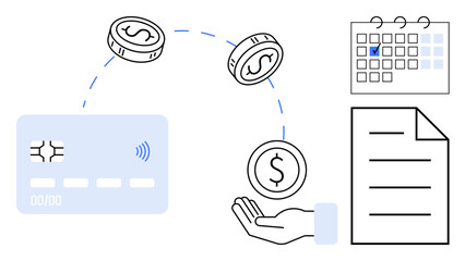 Credit card, hand with coins, calendar, and document sheet depict payment, money management, and planning. Ideal for finance, budgeting, debt tracking saving tips expense management bill payments