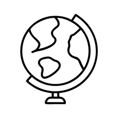 Minimal black line icon of globe on stand, isolated vector symbol for geography, education, travel, world exploration and school learning supplies