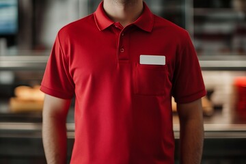 Person in red polo shirt with name tag standing in front of display case in a restaurant setting