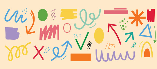 Set organic grunge bold shapes, curved lines and dots. Geometric vector set in Memphis style. Grunge swirled brush stroke
