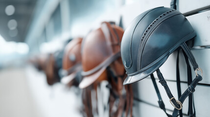 Equestrian riding helmets neatly arranged in a stable setting  