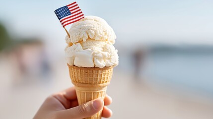 Ice Cream Cone with American Flag Against Beach Background  