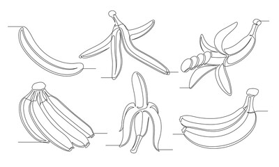 Bananas continuous one line drawing set. Outline banana fruit icon collections isolated on a white background. Editable stroke. Vector illustration
