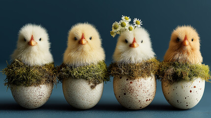 Adorable composition featuring four fluffy chicks sitting inside egg shells decorated with moss and small daisies. Each chick has a unique and expressive look, creating a charming and lifelike scene
