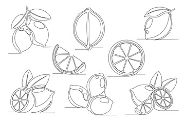 Lemon continuous one line drawing set. Outline lemon citrus icon collections isolated on a white background. Editable stroke. Vector illustration