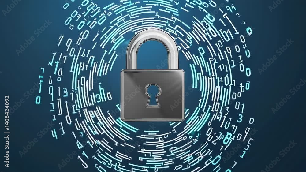 Aufkleber Metallic padlock spinning within circular stream of encrypted binary code, visualizing robust digital security measures and comprehensive data protection strategies