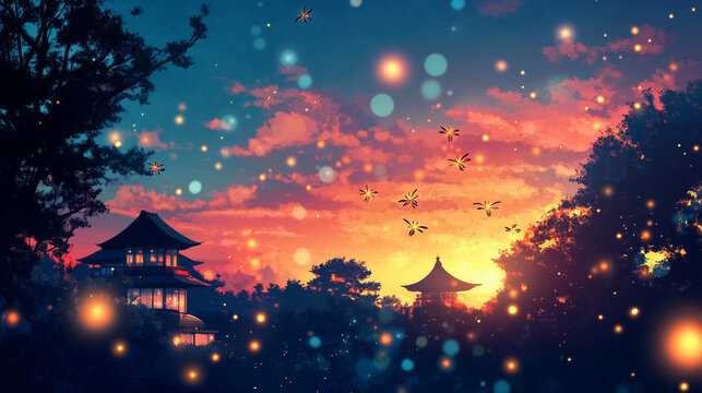 日本の夏祭りを描いた夜のアニメ背景。Anime-style background of a Japanese summer festival with lanterns and fireflies. Ideal for seasonal storytelling and character illustration