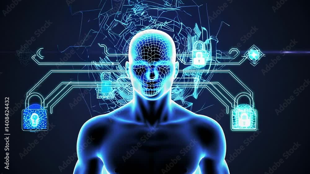 Aufkleber Wireframe human bust with glowing digital data visualized behind and around the head, with padlocks and encrypted code representing secure login and digital security