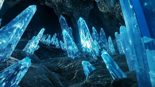 Mesmerizing blue crystal cavern landscape, glowing formations, fantastical mineral deposits