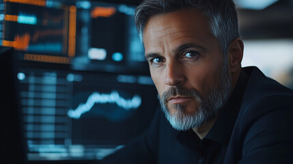 Focused professional analyzing market data on multiple monitors in a modern office