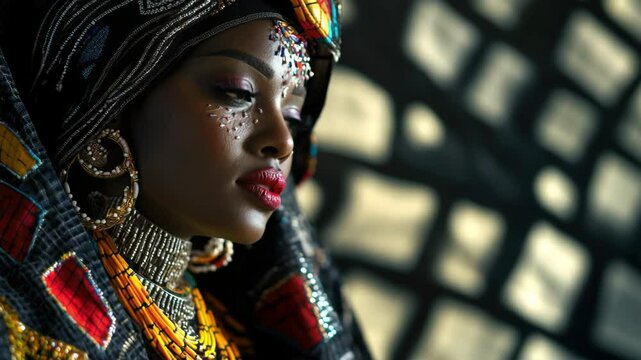 A woman wearing a colorful head scarf and gold jewelry. She has red lipstick and is wearing a black dress