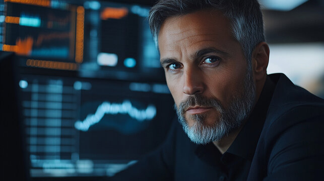 Focused professional analyzing market data on multiple monitors in a modern office