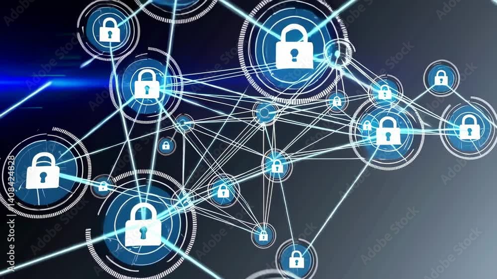 Poster Network security visualization revealing interconnected padlocks representing robust data encryption and digital protection strategies within complex technological infrastructure