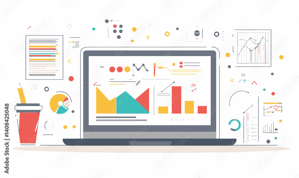 Poster flat minimalist vector of laptop with charts and graphs for business data analysis