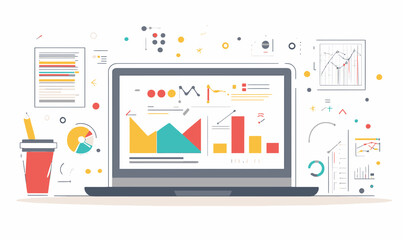 Flat Minimalist Vector of Laptop with Charts and Graphs for Business Data Analysis
