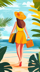 Summer Vacation Journey: Girl Walking to Beach with Luggage in Vibrant Tropical Setting Vector Art