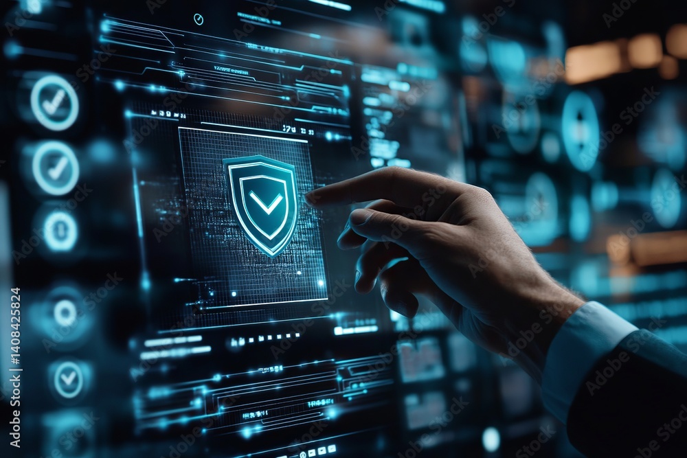 Poster hand interacting with digital shield on screen displaying cybersecurity interface elements design
