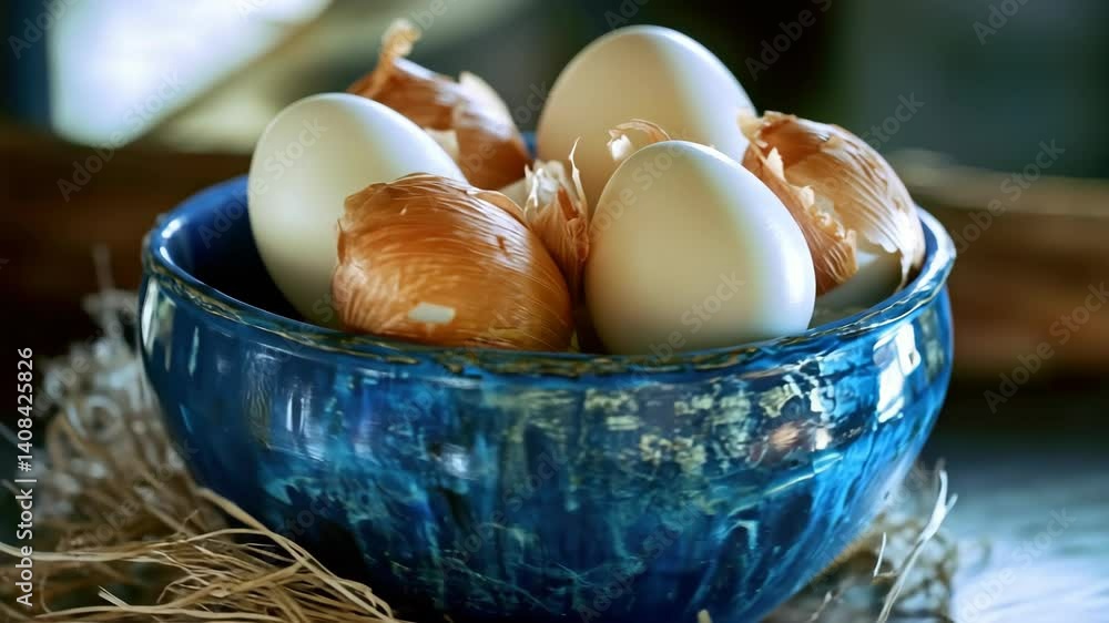 Poster a blue bowl filled with eggs and onions. the bowl is placed on a table. the eggs are arranged in a w