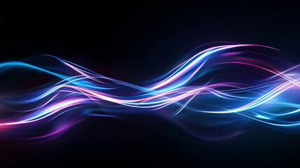 Fototapeta premium Dynamic neon light waves on black background, futuristic abstract digital energy flow, vibrant lines of light representing data streaming, technology and innovation concept.