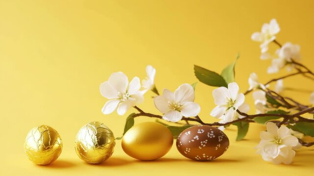A yellow background with a branch of white flowers and four gold colored eggs. The eggs are placed in a row, with the first one being the largest and the last one being the smallest