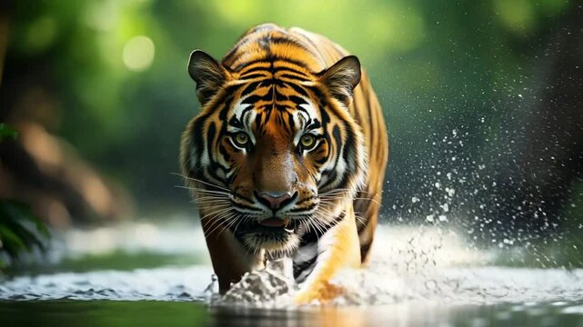A powerful tiger leaps through the shimmering water, surrounded by a lush, softly blurred forest. This stunning image captures the essence of wildlife's majesty and dynamic beauty.