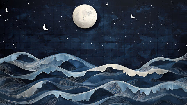 Nighttime ocean barn quilt: navy waves & silver moon. Cosmic Quilt. Illustration