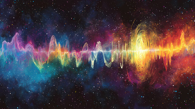 Celestial sound spectrum: a vibrant, cosmic depiction of sound waves, painted with a rainbow of colors set against the backdrop of the starry expanse. Cosmic Lace. Illustration