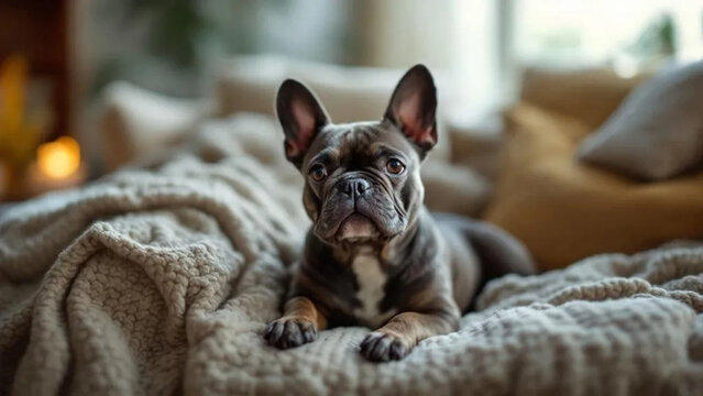 French buldog on the sofa in a cozy living room.